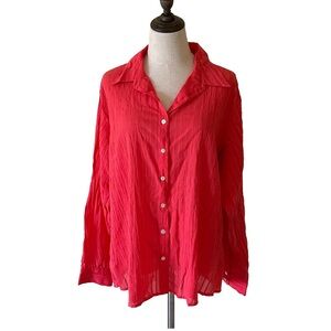 Chico's Size 2 (L) Crinkle‎ Button Front Blouse Coral Long Sleeve Lightweight